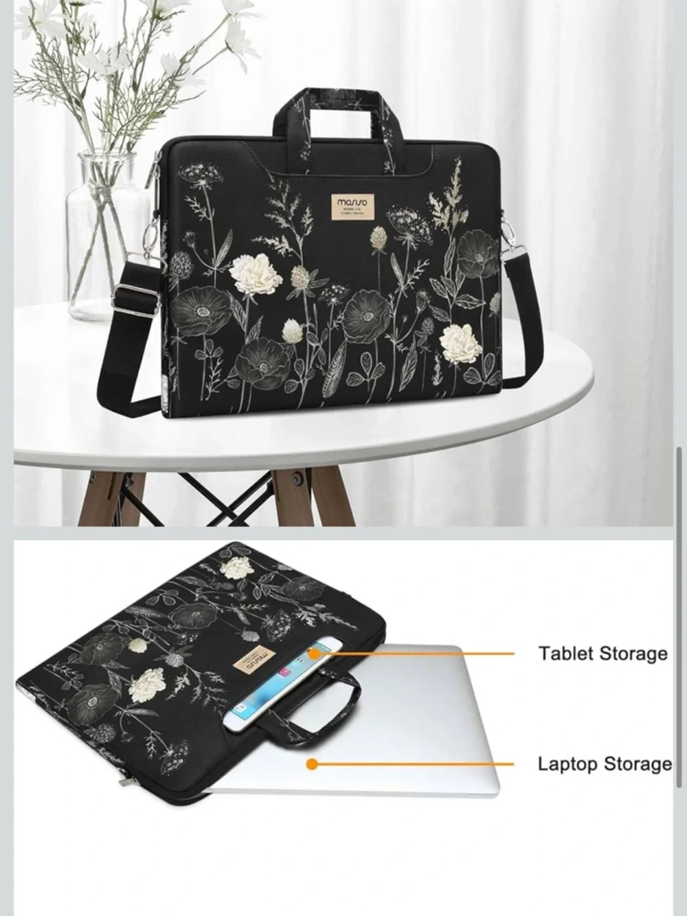 Mosiso 15.6” Botanical Black Floral Laptop Tote Crossbody Bag